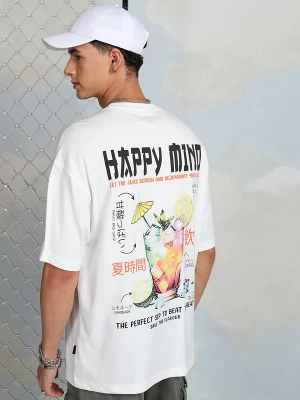 Highlander Men White Printed Round Neck Oversized Fit T-Shirt