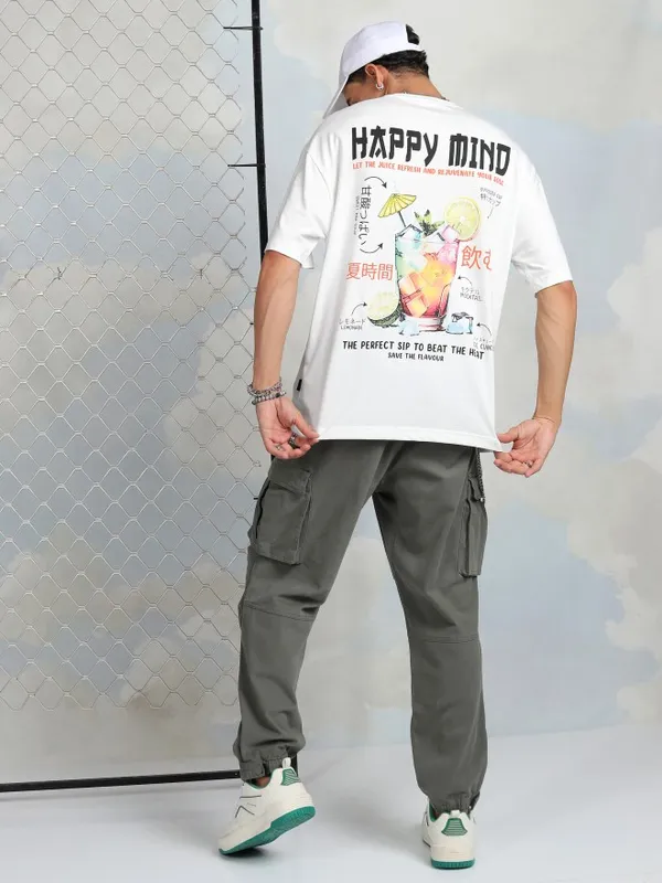 Highlander Men White Printed Round Neck Oversized Fit T-Shirt