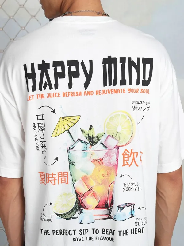 Highlander Men White Printed Round Neck Oversized Fit T-Shirt