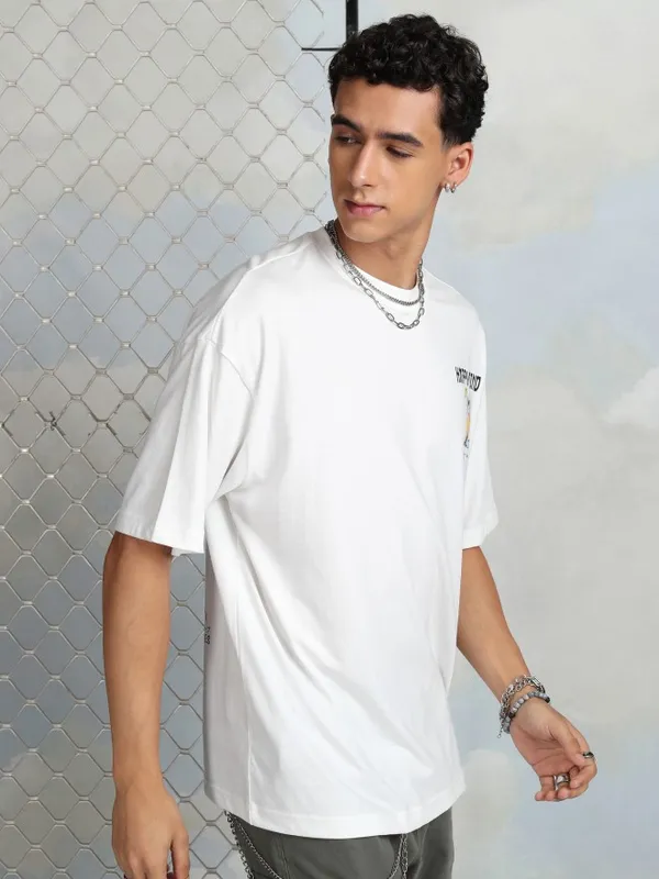 Highlander Men White Printed Round Neck Oversized Fit T-Shirt