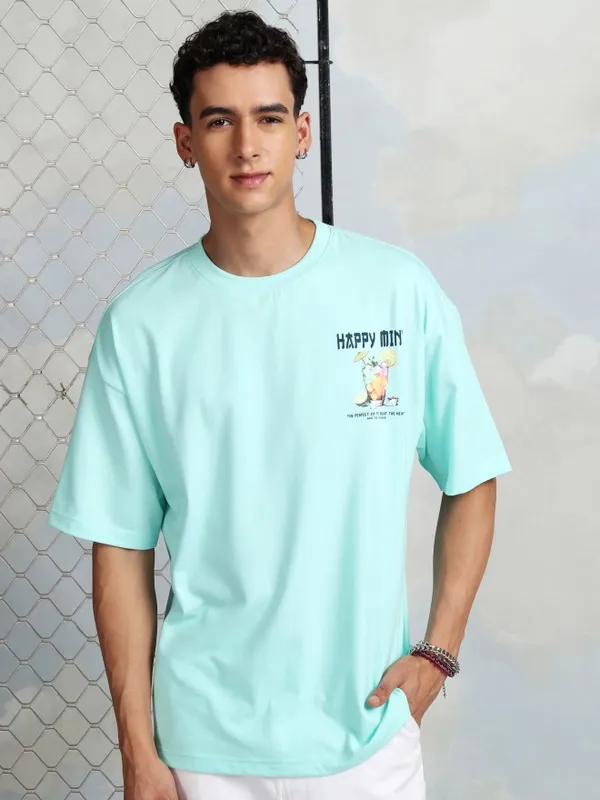 Highlander Men Sage Printed Round Neck Oversized Fit T-Shirt