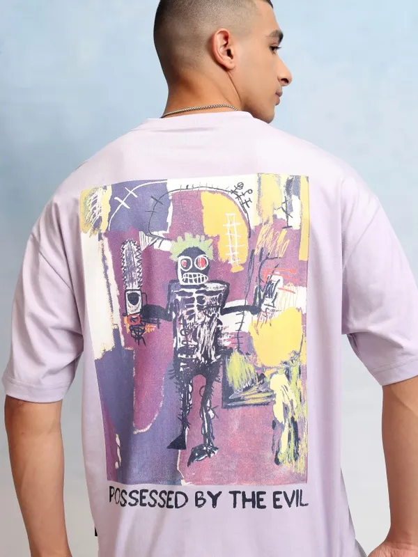 Highlander Men Mauve Printed Round Neck Oversized Fit T-Shirt