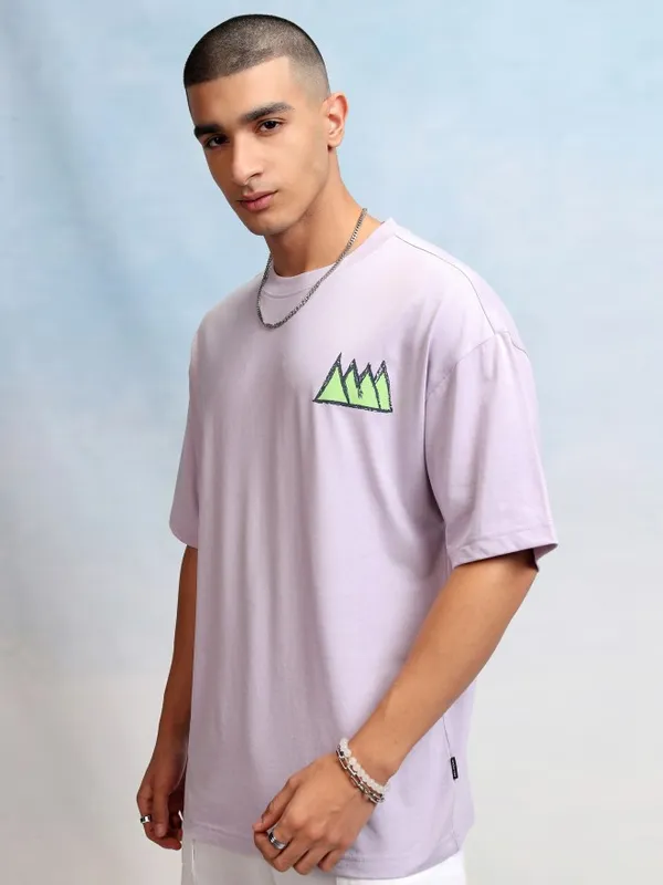Highlander Men Mauve Printed Round Neck Oversized Fit T-Shirt
