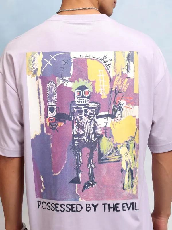 Highlander Men Mauve Printed Round Neck Oversized Fit T-Shirt
