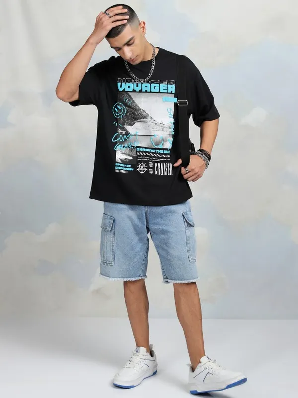 Highlander Men Black Printed Round Neck Oversized Fit T-Shirt
