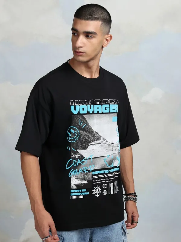 Highlander Men Black Printed Round Neck Oversized Fit T-Shirt