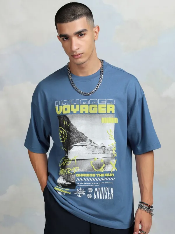 Highlander Men Blue Printed Round Neck Oversized Fit T-Shirt