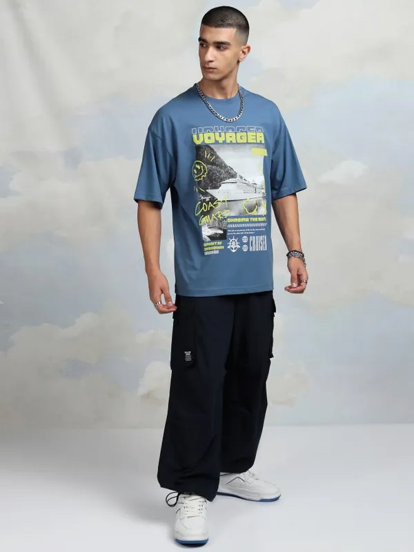 Highlander Men Blue Printed Round Neck Oversized Fit T-Shirt