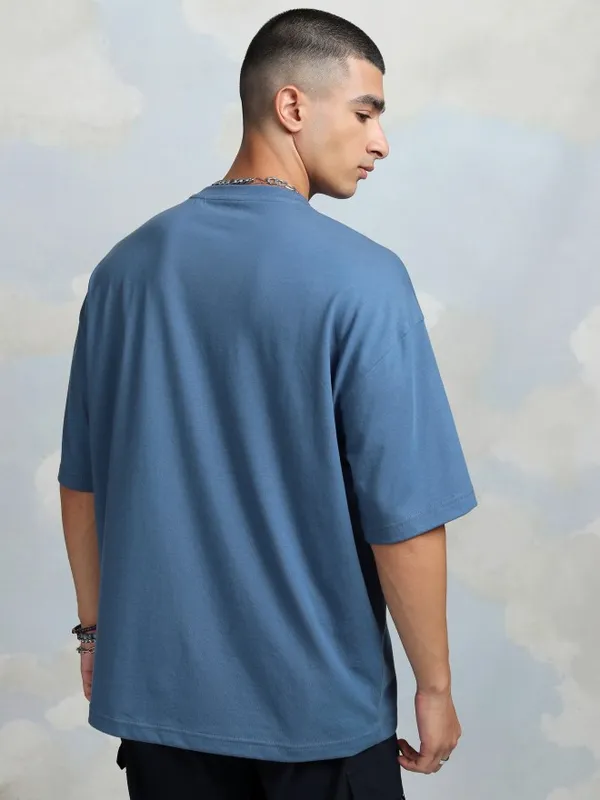 Highlander Men Blue Printed Round Neck Oversized Fit T-Shirt