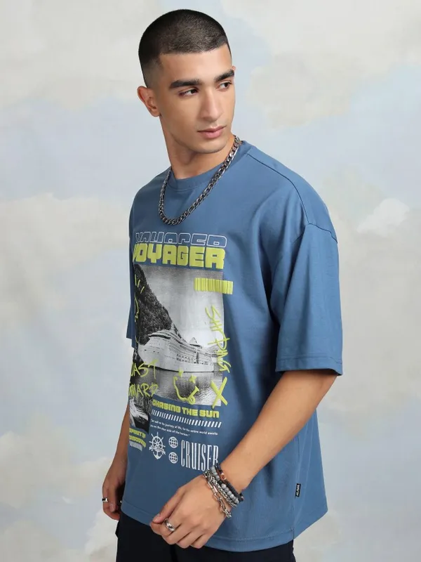 Highlander Men Blue Printed Round Neck Oversized Fit T-Shirt