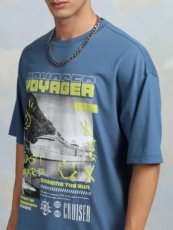 Highlander Men Blue Printed Round Neck Oversized Fit T-Shirt