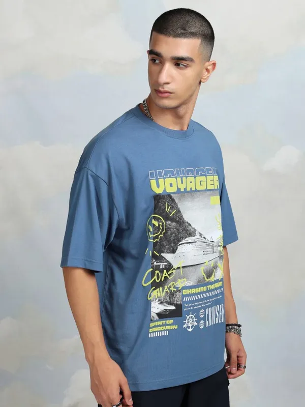 Highlander Men Blue Printed Round Neck Oversized Fit T-Shirt