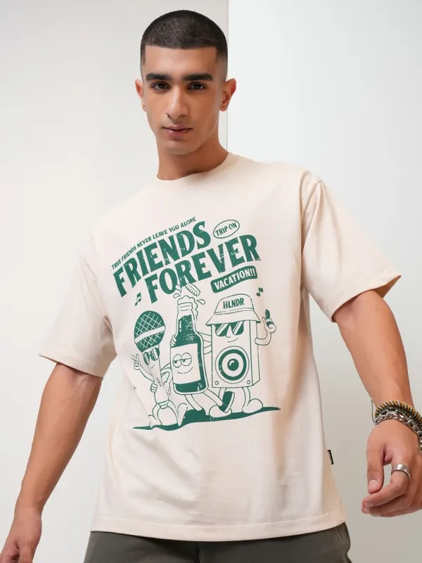  Highlander Men Cream Printed Round Neck T-Shirts