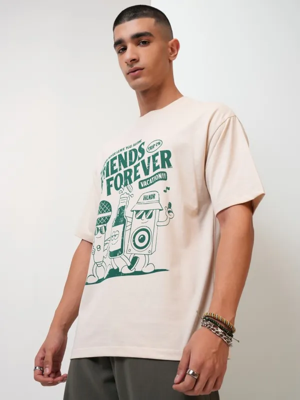  Highlander Men Cream Printed Round Neck T-Shirts
