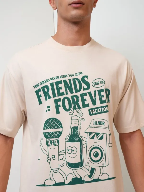  Highlander Men Cream Printed Round Neck T-Shirts
