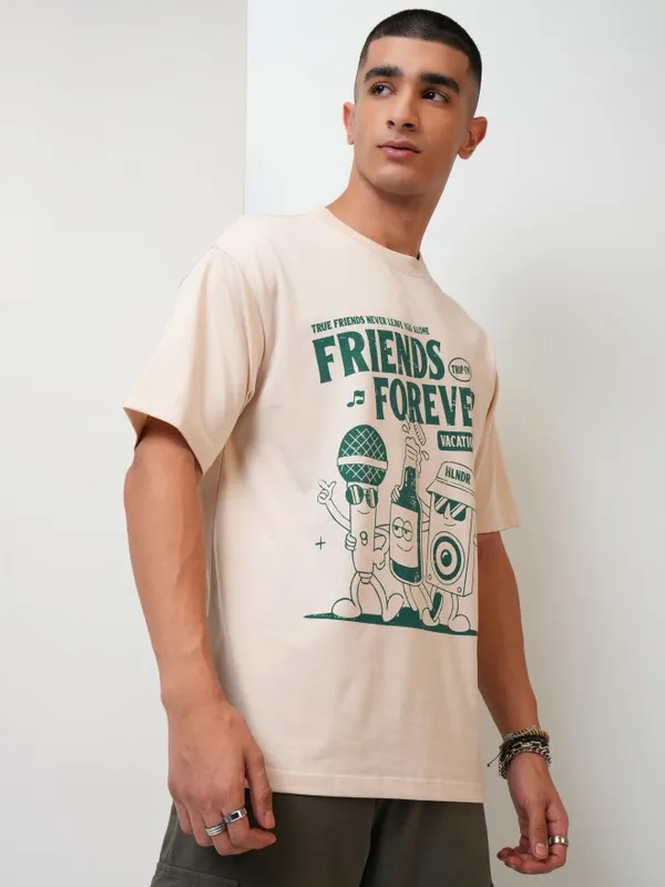  Highlander Men Cream Printed Round Neck T-Shirts