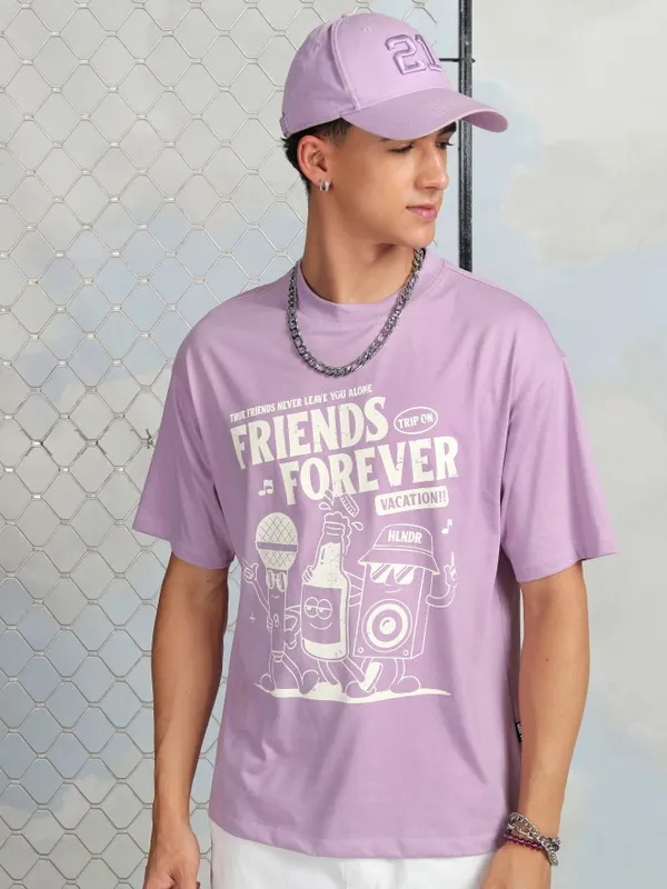 Highlander Men Mauve Printed Round Neck T-Shirt