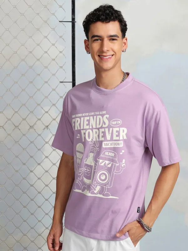 Highlander Men Mauve Printed Round Neck T-Shirt