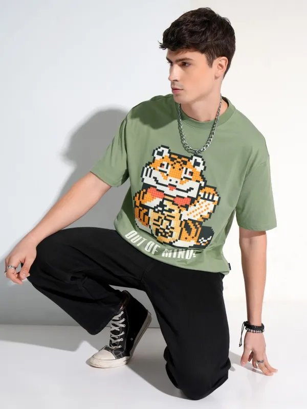 Highlander Men Olive Printed Round Neck T-Shirt