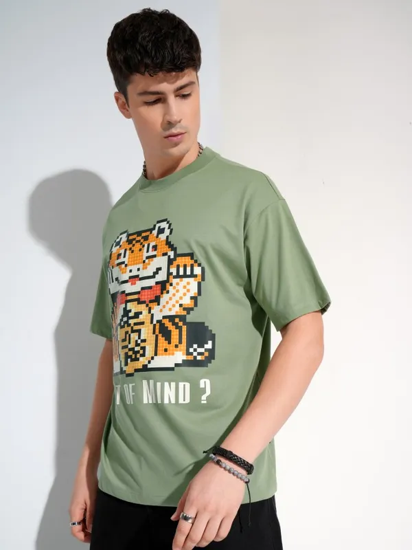 Highlander Men Olive Printed Round Neck T-Shirt
