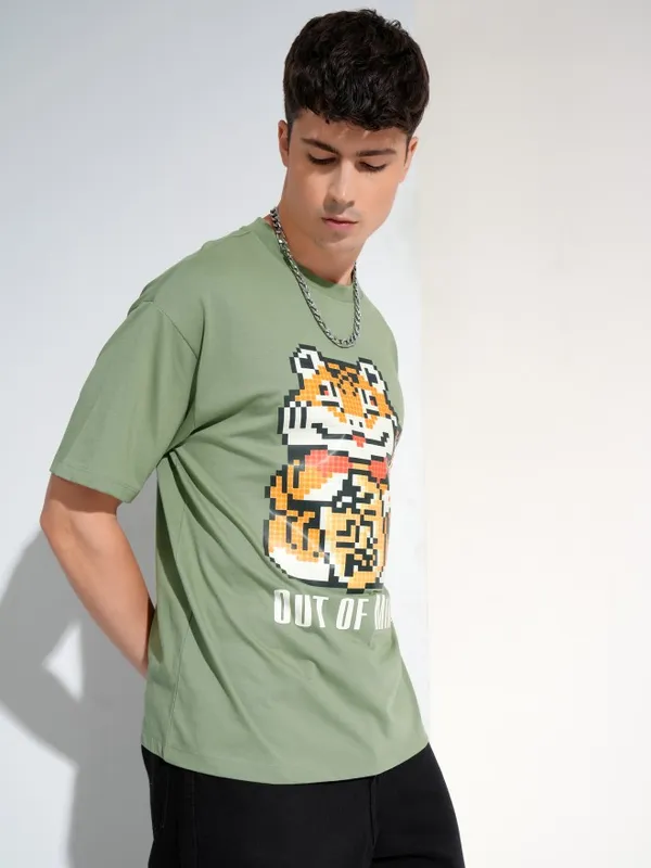 Highlander Men Olive Printed Round Neck T-Shirt