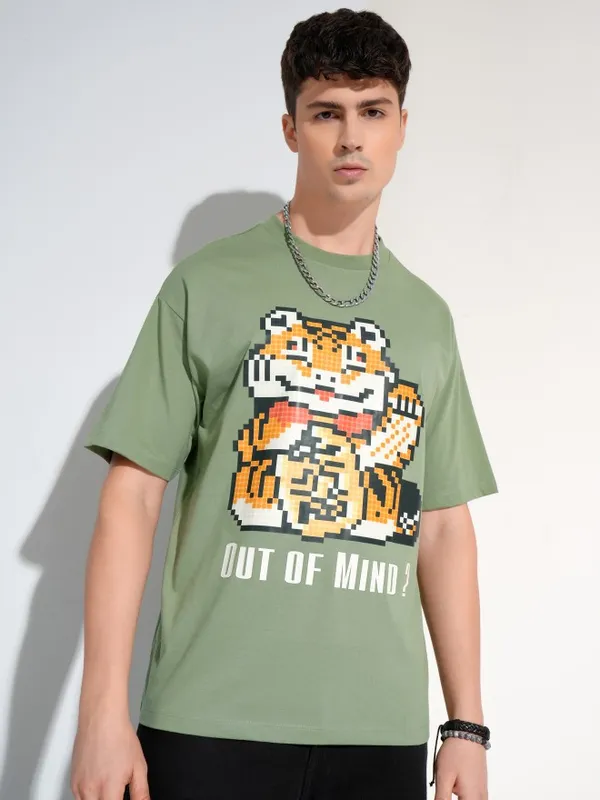 Highlander Men Olive Printed Round Neck T-Shirt
