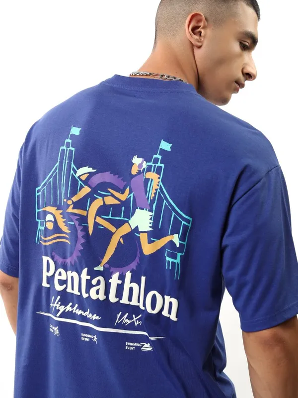 Highlander Men Blue Printed Round Neck Relaxed Fit T-Shirt