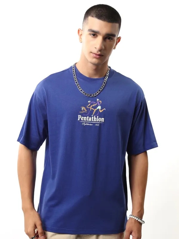 Highlander Men Blue Printed Round Neck Relaxed Fit T-Shirt