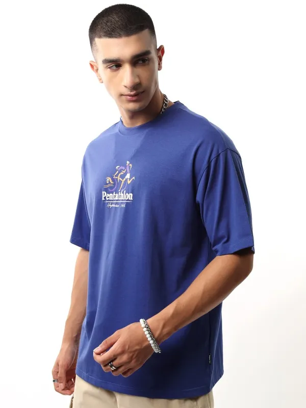 Highlander Men Blue Printed Round Neck Relaxed Fit T-Shirt