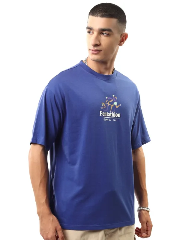 Highlander Men Blue Printed Round Neck Relaxed Fit T-Shirt