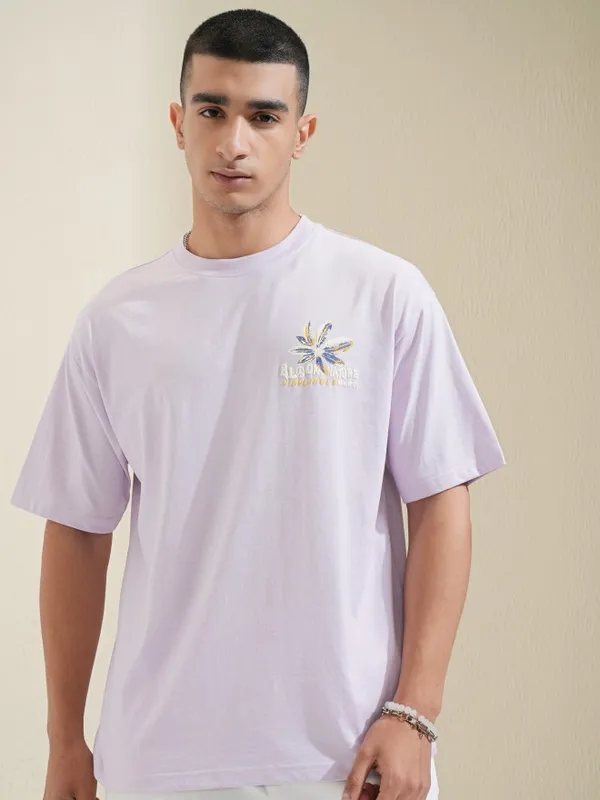 Highlander Men Mauve Printed Round Neck Relaxed Fit T-Shirt