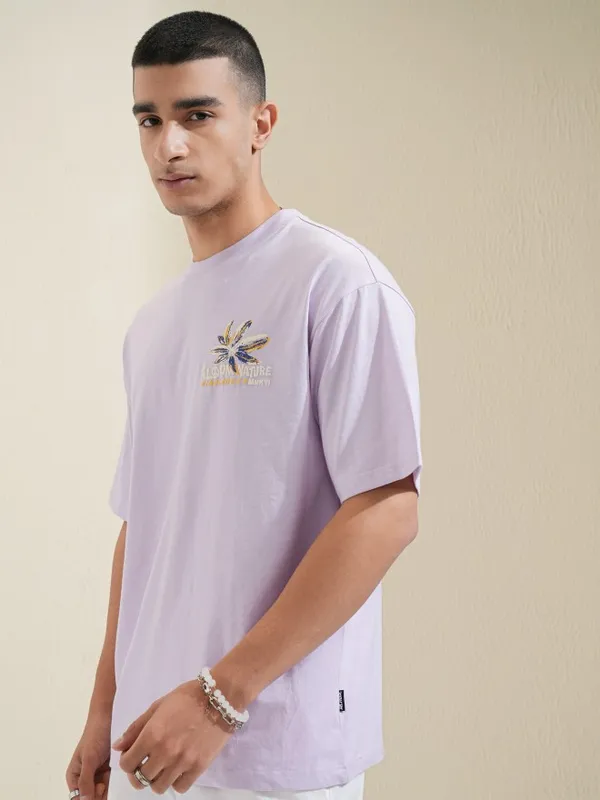 Highlander Men Mauve Printed Round Neck Relaxed Fit T-Shirt