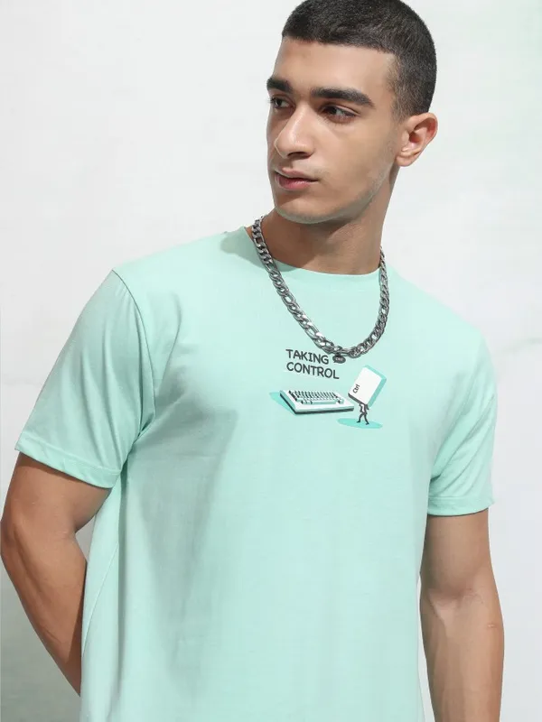 Highlander Men Sea Green Printed Round Neck Regular Fit T-Shirt