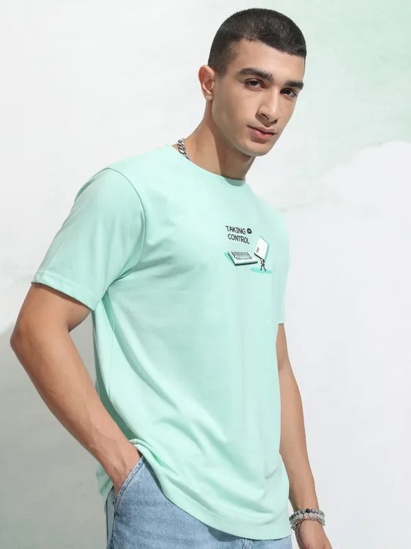 Highlander Men Sea Green Printed Round Neck Regular Fit T-Shirt