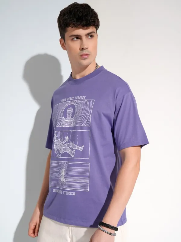 Highlander Men Purple Printed Round Neck T-Shirt