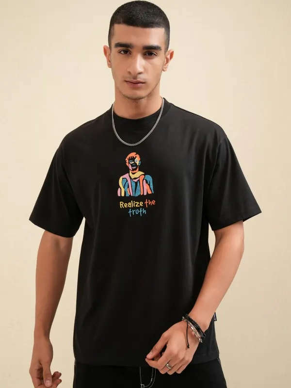 Highlander Men Black Printed Round Neck Relaxed Fit T-Shirt