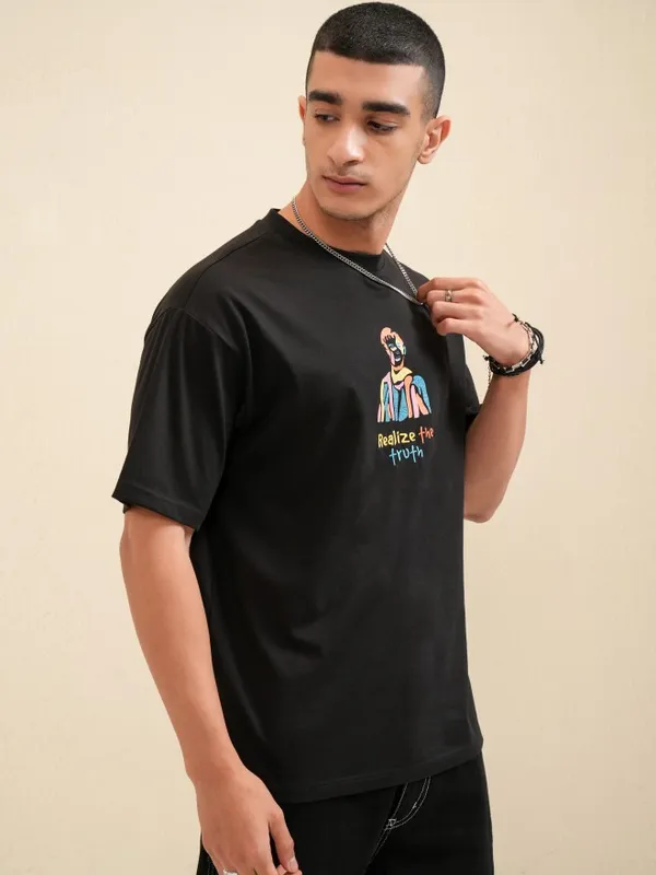 Highlander Men Black Printed Round Neck Relaxed Fit T-Shirt