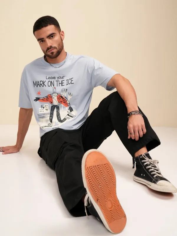 Locomotive Men Grey Printed Round Neck Relaxed Fit T-Shirt