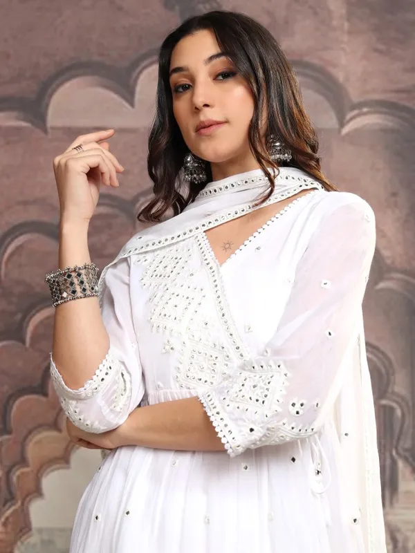 Vishudh Women White Embroidered Kurta With Sharara And Dupatta