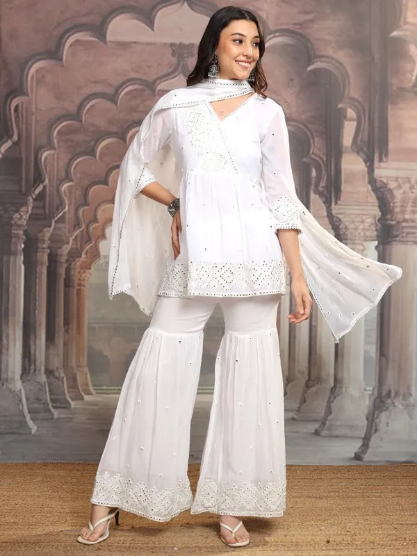 Vishudh Women White Embroidered Kurta With Sharara And Dupatta