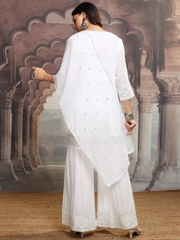 Vishudh Women White Embroidered Kurta With Sharara And Dupatta