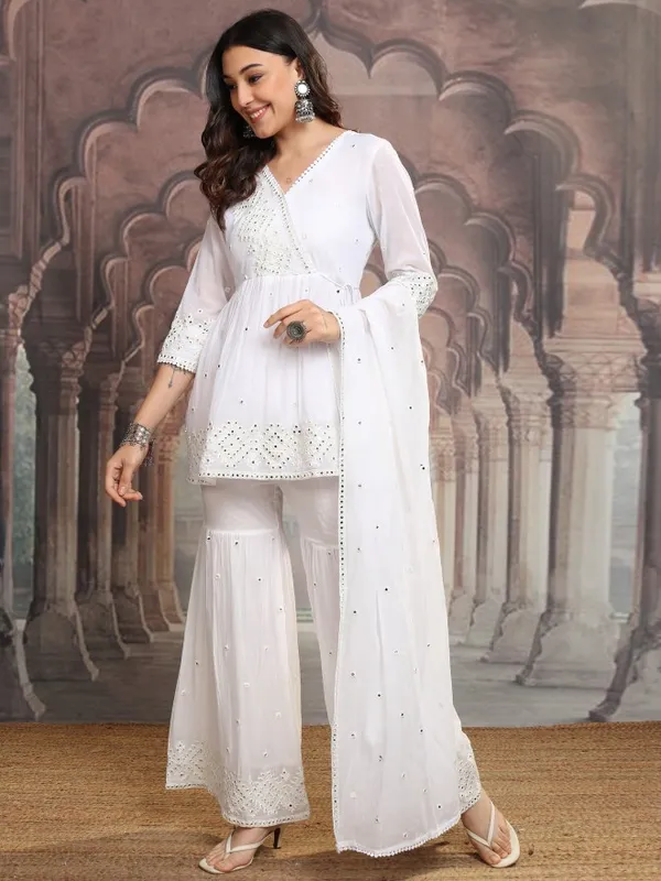 Vishudh Women White Embroidered Kurta With Sharara And Dupatta