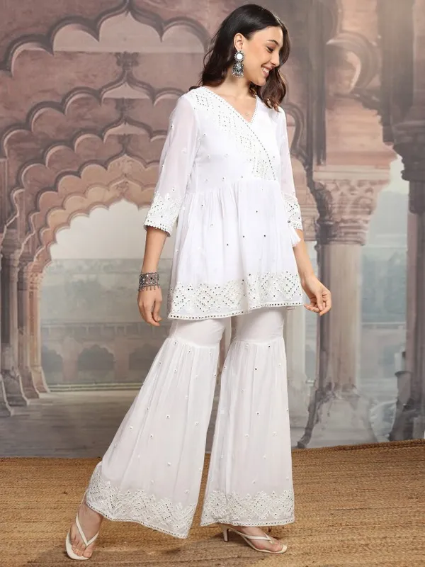 Vishudh Women White Embroidered Kurta With Sharara And Dupatta