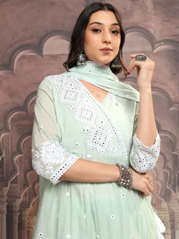 Vishudh Women Green Embroidered Kurta With Sharara And Dupatta