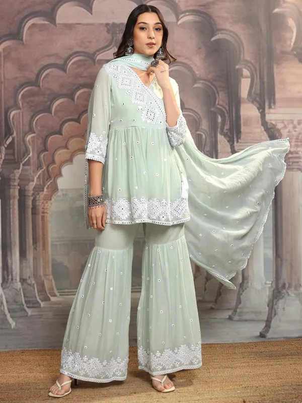 Vishudh Women Green Embroidered Kurta With Sharara And Dupatta