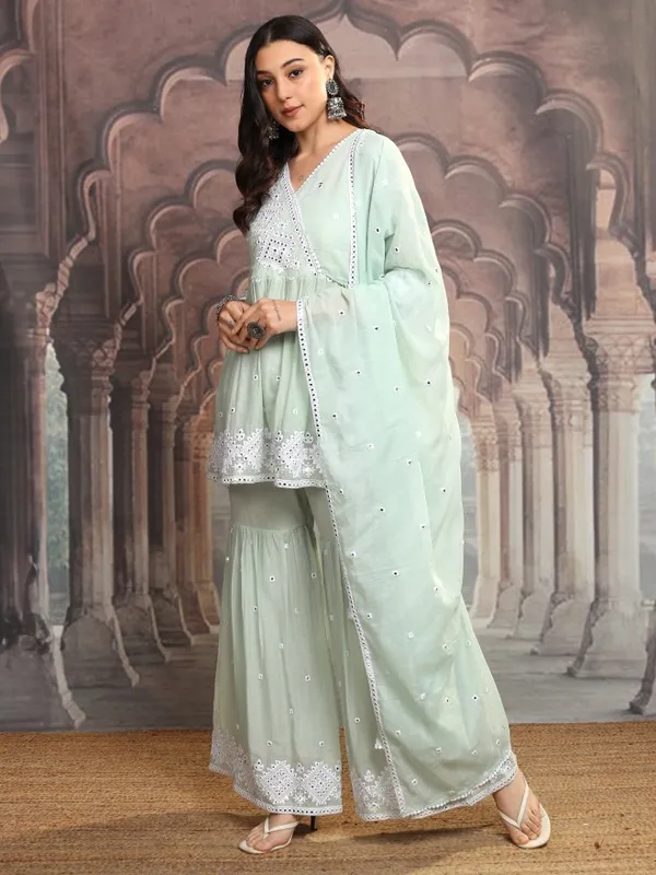 Vishudh Women Green Embroidered Kurta With Sharara And Dupatta