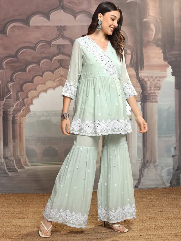 Vishudh Women Green Embroidered Kurta With Sharara And Dupatta