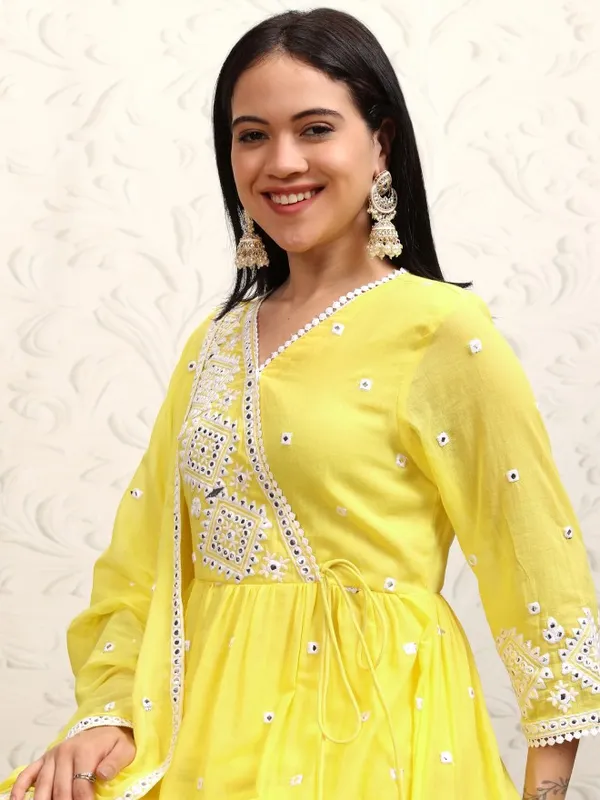 Vishudh Women Yellow Embroidered Kurta With Sharara & Dupatta