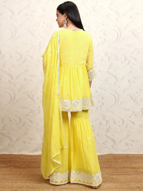 Vishudh Women Yellow Embroidered Kurta With Sharara & Dupatta