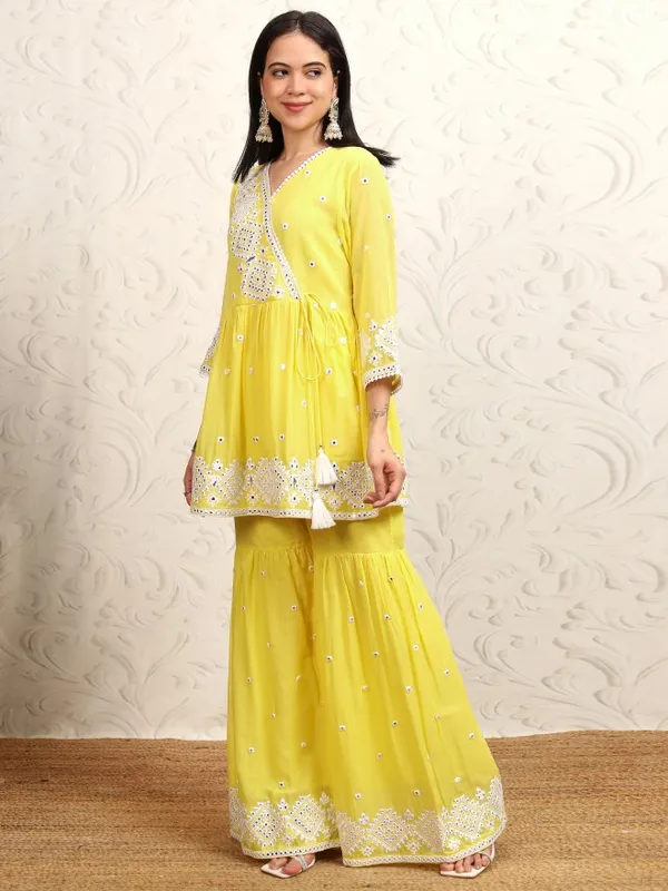 Vishudh Women Yellow Embroidered Kurta With Sharara & Dupatta
